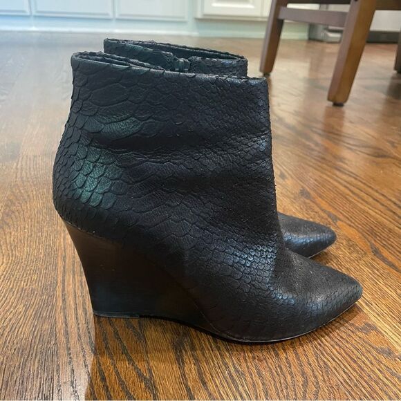 JOIE Jalena Black Snake Embossed Leather Wedge Ankle Boots - Picture 3 of 11